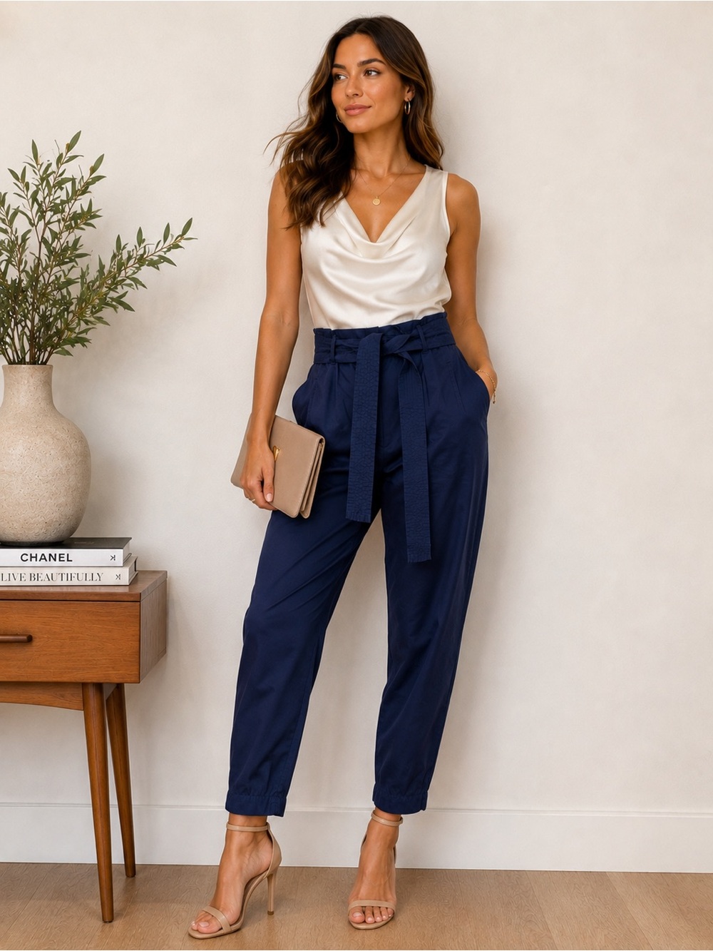 Wilfred by Aritzia Paperbag Waist Cotton Tapered Pants | Navy | Size 6